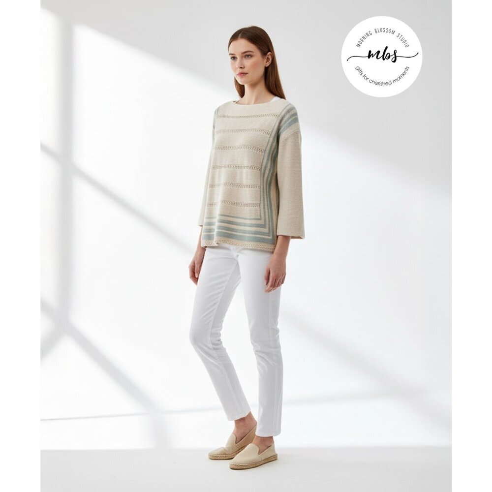NWT Wishlist Striped Boat Neck Cotton Blend Crochet Sweater‎ Gray Blue Women S